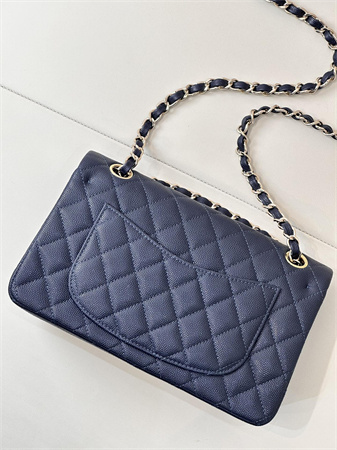 Ch*el small classic flap bag grained calfskin gold tone metal navy 01117 top