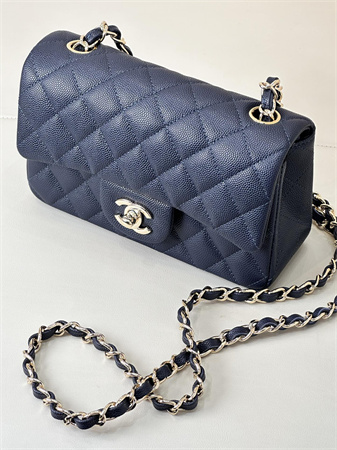Ch*el mini classic flap bag grained calfskin gold tone metal navy color 01116 top