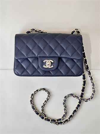 Ch*el mini classic flap bag grained calfskin gold tone metal navy color 01116 top