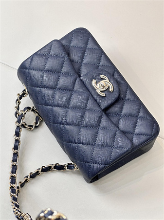 Ch*el mini classic flap bag grained calfskin gold tone metal navy color 01116 top