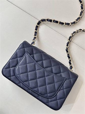 Ch*el mini classic flap bag grained calfskin gold tone metal navy color 01116 top