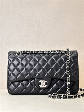 Ch*el medium classic flap bag lambskin silver tone metal black 01112 top