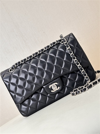 Ch*el medium classic flap bag lambskin silver tone metal black 01112 top