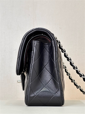 Ch*el medium classic flap bag lambskin silver tone metal black 01112 top