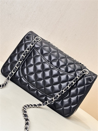 Ch*el medium classic flap bag lambskin silver tone metal black 01112 top