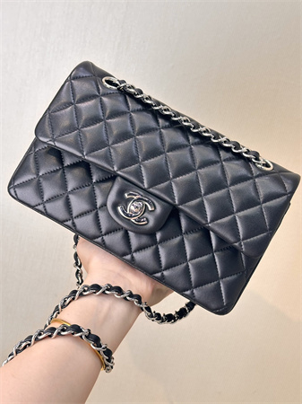 Ch*el small classic flap bag lambskin silver tone metal black 01117 top