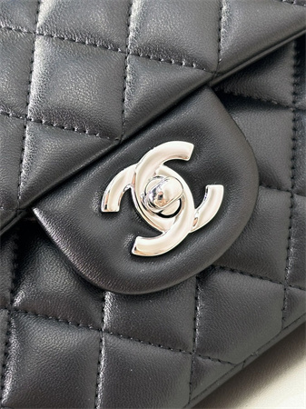 Ch*el small classic flap bag lambskin silver tone metal black 01117 top