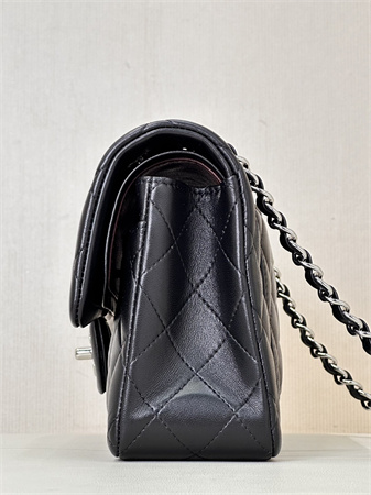 Ch*el small classic flap bag lambskin silver tone metal black 01117 top