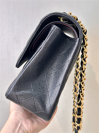 Ch*el large classic flap bag grained cafskin gold tone metal black 58600 top
