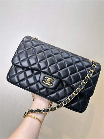 Ch*el large classic flap bag lambskin gold tone metal black 58600 top