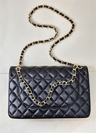 Ch*el large classic flap bag lambskin gold tone metal black 58600 top
