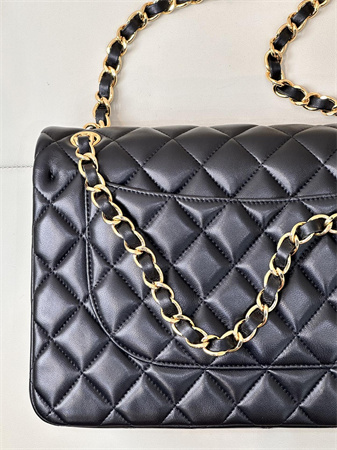 Ch*el large classic flap bag lambskin gold tone metal black 58600 top