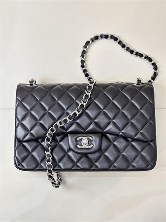 Ch*el large classic flap bag lambskin silver tone metal black 58600 top