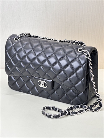 Ch*el large classic flap bag lambskin silver tone metal black 58600 top