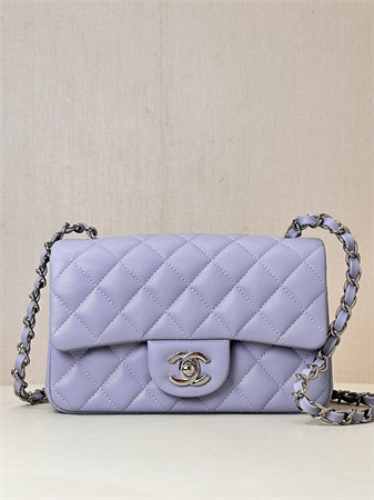 Ch*el mini classic flap bag grained calfskin silver tone metal lt purple color 01116 top