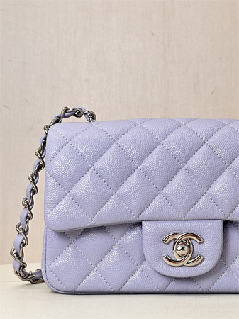 Ch*el mini classic flap bag grained calfskin silver tone metal lt purple color 01116 top