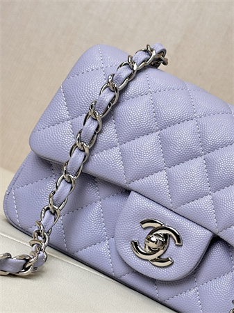 Ch*el mini classic flap bag grained calfskin silver tone metal lt purple color 01116 top