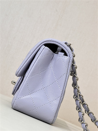 Ch*el mini classic flap bag grained calfskin silver tone metal lt purple color 01116 top