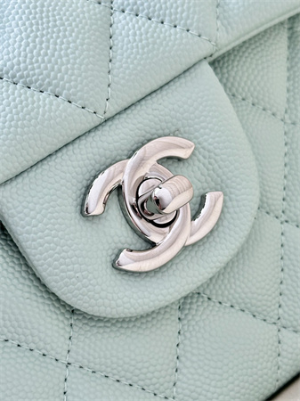 Ch*el small classic flap bag grained calfskin silver tone metal mint 01117 top