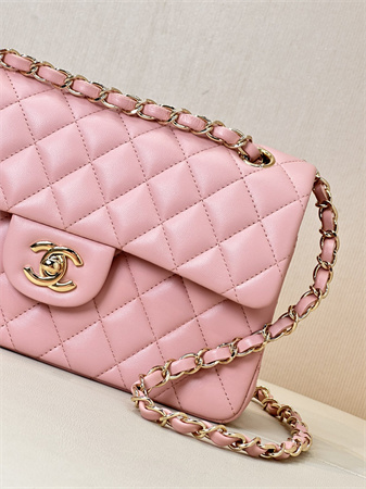 Ch*el small classic flap bag lambskin gold tone metal sakura pink 01117 top