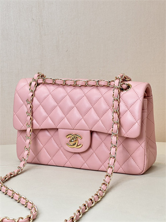 Ch*el small classic flap bag lambskin gold tone metal sakura pink 01117 top