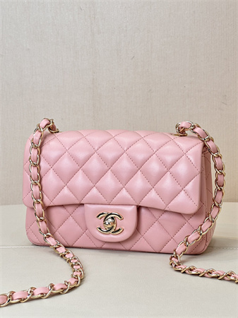 Ch*el mini classic flap bag lambskin gold tone metal sakura pink color 01116 top