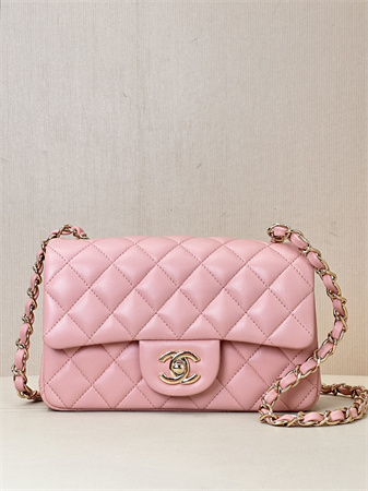 Ch*el mini classic flap bag lambskin gold tone metal sakura pink color 01116 top