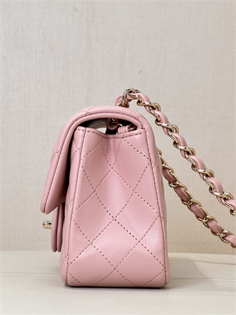 Ch*el mini classic flap bag lambskin gold tone metal sakura pink color 01116 top