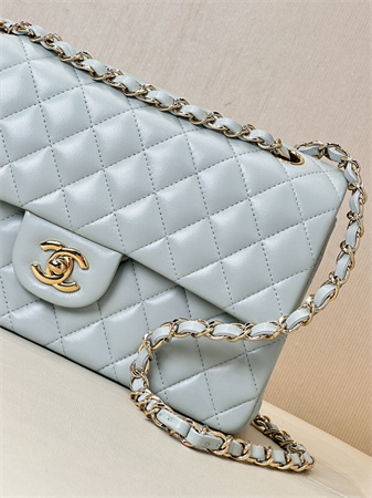 Ch*el medium classic flap bag lambskin gold tone metal baby blue 01112 top