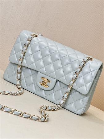Ch*el medium classic flap bag lambskin gold tone metal baby blue 01112 top