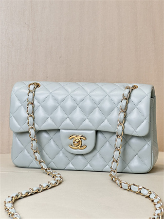 Ch*el small classic flap bag lambskin gold tone metal baby blue 01117 top