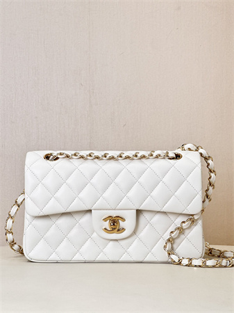 Ch*el small classic flap bag lambskin gold tone metal white 01117 top