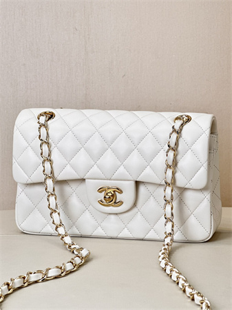 Ch*el small classic flap bag lambskin gold tone metal white 01117 top