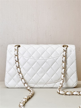 Ch*el small classic flap bag lambskin gold tone metal white 01117 top