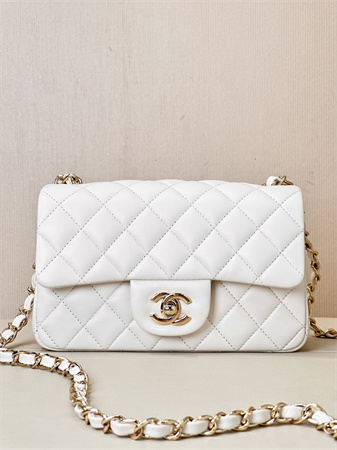 Ch*el mini classic flap bag lambskin gold tone metal white color 01116 top