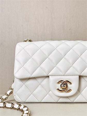 Ch*el mini classic flap bag lambskin gold tone metal white color 01116 top