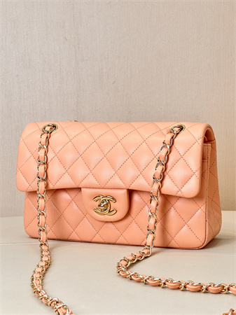 Ch*el small classic flap bag lambskin gold tone metal orange 01117 top