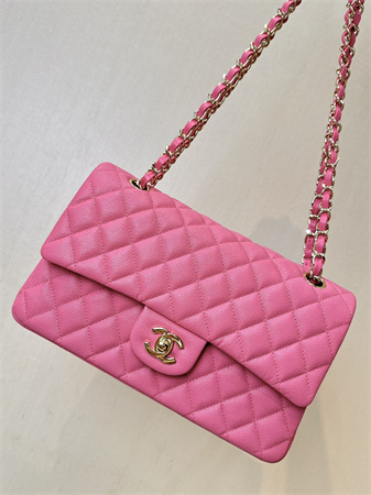 Ch*el medium classic flap bag grained cafskin gold tone metal fuchsia 01112 top