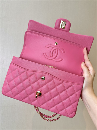 Ch*el medium classic flap bag grained cafskin gold tone metal fuchsia 01112 top
