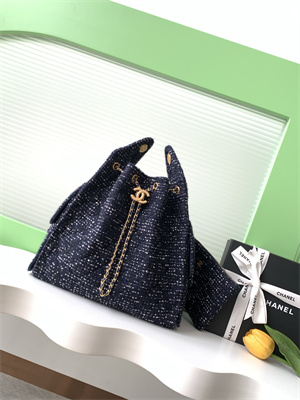 Ch*el 25 medium handbag tweed gold tone metal navy as5311