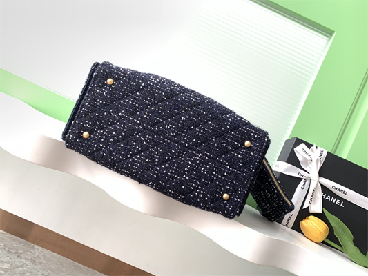 Ch*el 25 medium handbag tweed gold tone metal navy as5311