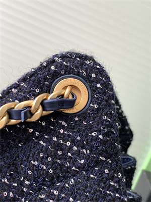 Ch*el 25 medium handbag tweed gold tone metal navy as5311