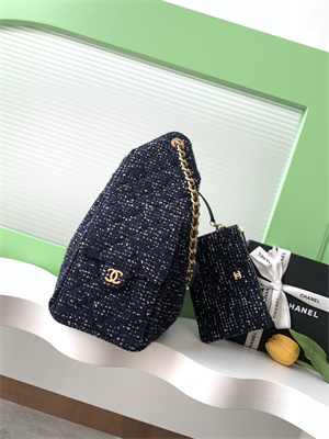 Ch*el 25 medium handbag tweed gold tone metal navy as5311