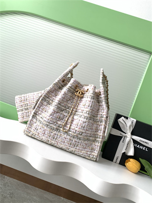 Ch*el 25 medium handbag tweed gold tone metal white as5311