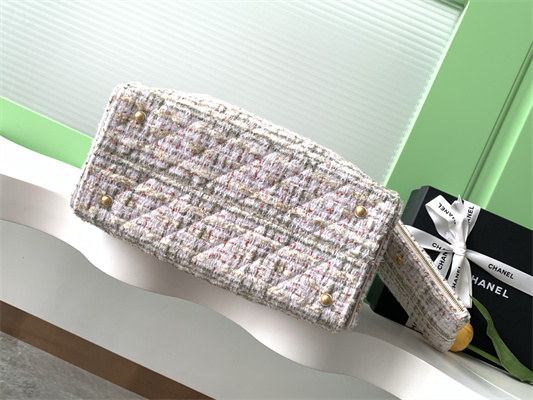 Ch*el 25 medium handbag tweed gold tone metal white as5311