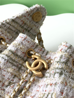 Ch*el 25 medium handbag tweed gold tone metal white as5311