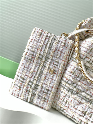 Ch*el 25 medium handbag tweed gold tone metal white as5311