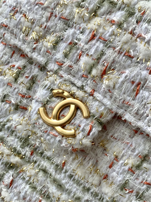 Ch*el 25 medium handbag tweed gold tone metal white as5311