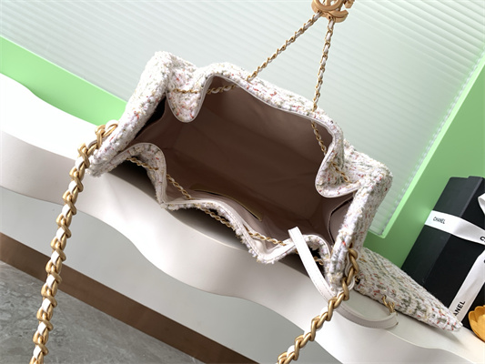 Ch*el 25 medium handbag tweed gold tone metal white as5311