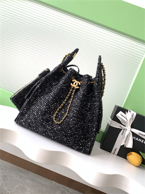 Ch*el 25 medium handbag tweed gold tone metal black as5311